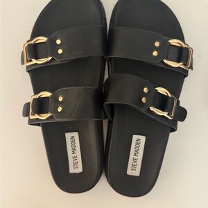 Steve Madden Black Slide Sandals with Doubke Gold Buckles